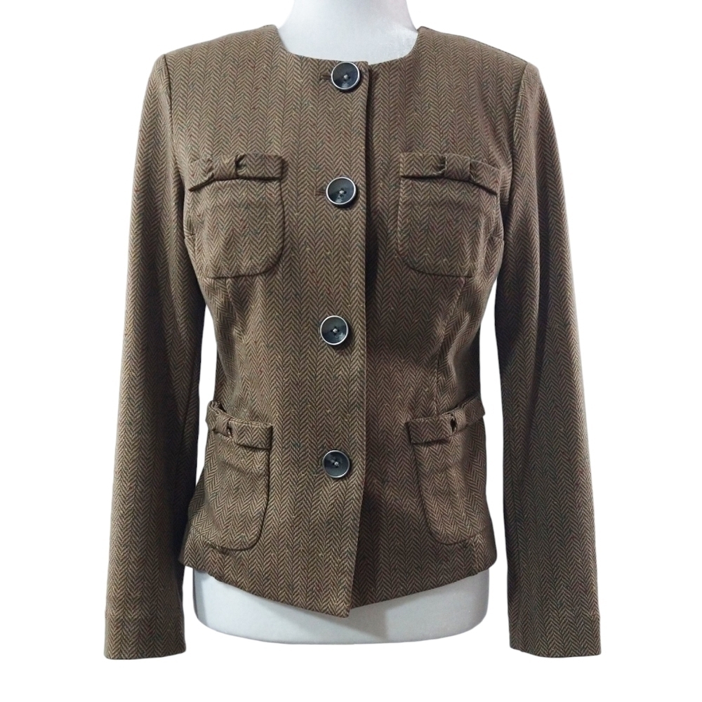 Cabi 3170 Penny Tan Brown Herringbone Fleck Collarless Blazer Academia Preppy